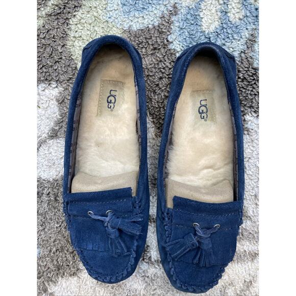 UGG Slippers Womens Size 8 Lizzy Moccasin Navy Blue Suede Slip On Driving Shoes - Picture 4 of 10